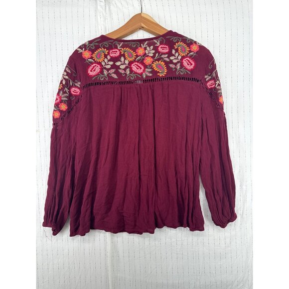 Entro Womens Top Sz L Maroon Embroidered Tunic Floral Embroidered Boho Tasseled - Picture 2 of 10